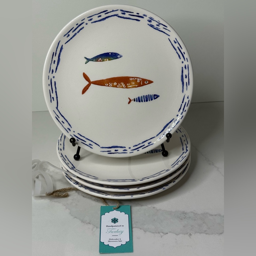 4 Papart Seramik 8” SALAD PLATES Fish Coastal Nautical Hand Painted Turkey New - Picture 10 of 11